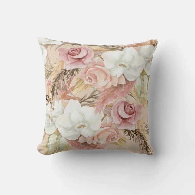 Watercolor Flowers Elegant Pampas Blush Pink Rose Cushion (Front)