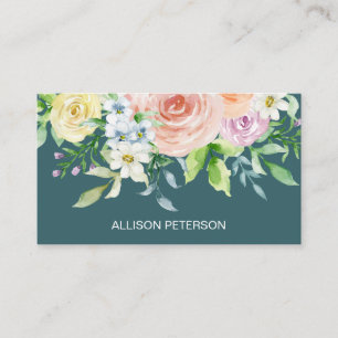 Watercolor Flowers Elegant Teal Floral Business Card