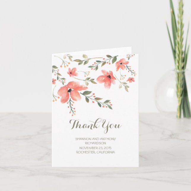watercolor flowers elegant wedding thank you (Front)