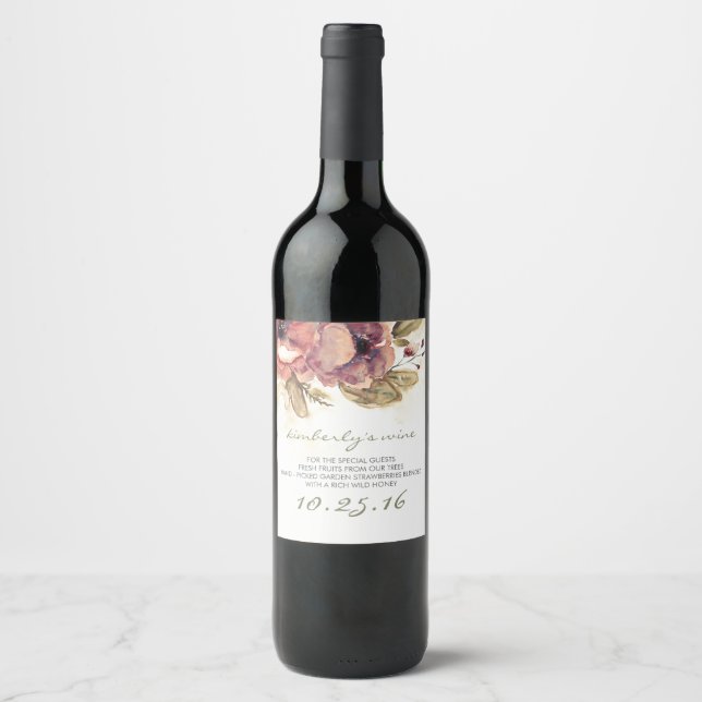 Watercolor Flowers Elegant Wedding Wine Label (Front)