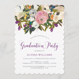 Watercolor Flowers   Faux Glitter Graduation Party Invitation