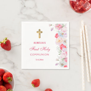 Watercolor Flowers First Communion Napkin
