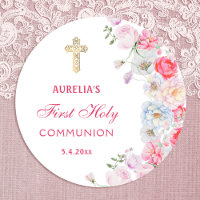 Watercolor Flowers First Communion Round Sticker