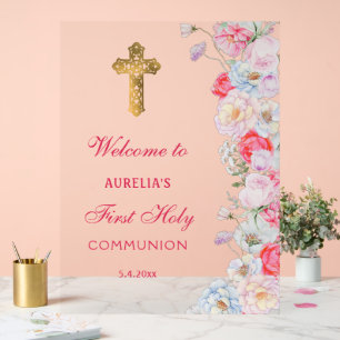 Watercolor Flowers First Communion Welcome Acrylic Sign