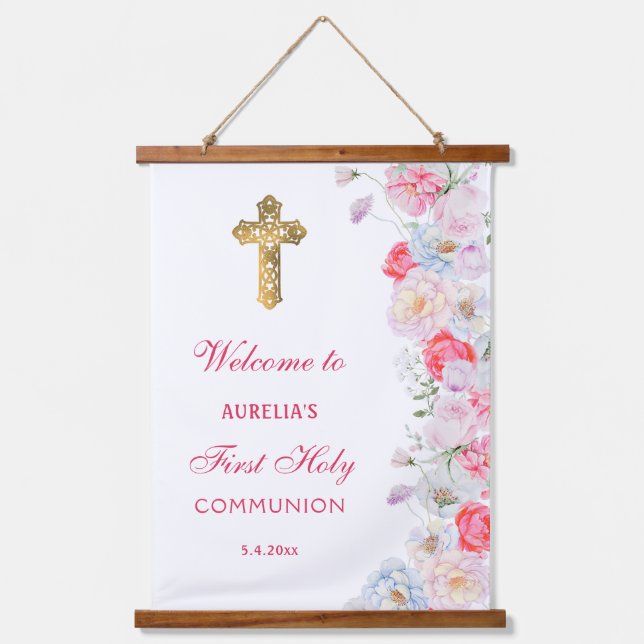 Watercolor Flowers First Communion Welcome Hanging Tapestry (Front)