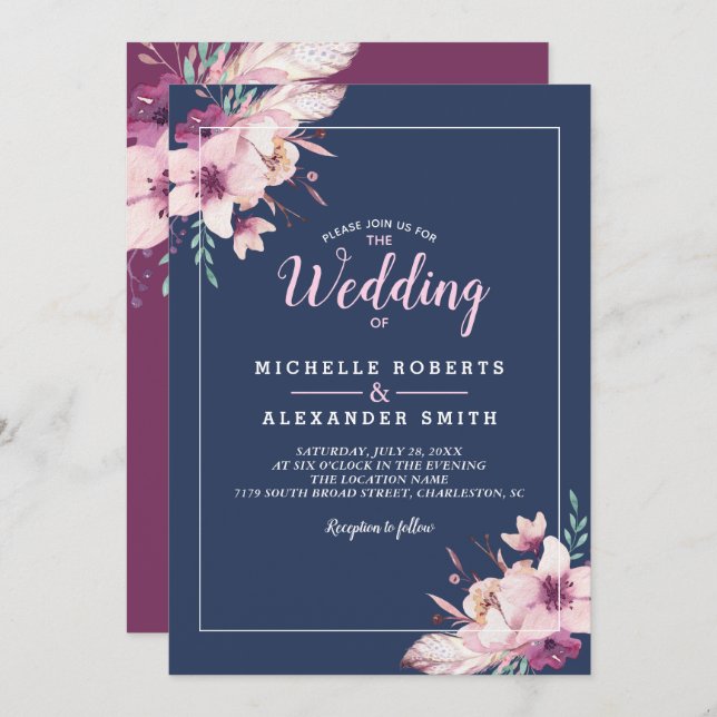 Watercolor Flowers Floral Navy Wedding Invitation (Front/Back)