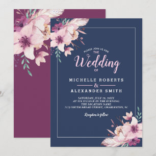 Watercolor Flowers Floral Navy Wedding Invitation