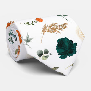 Watercolor Flowers Forest Green Rust Orange Roses Tie
