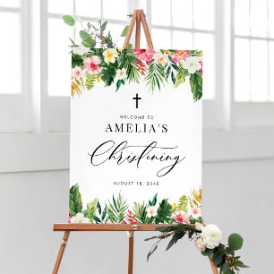 Watercolor Flowers Garland Tropical Christening Poster