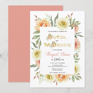 Watercolor flowers girl baptism and 1st birthday invitation