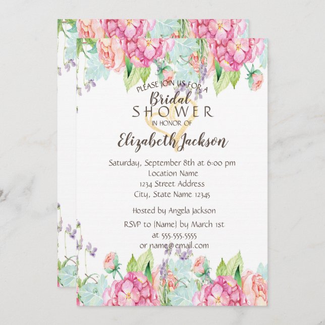 Watercolor Flowers Glitter Heart  Bridal Shower Invitation (Front/Back)