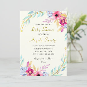 Watercolor Flowers Gold Baby Shower Invitation