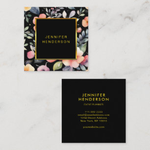 Watercolor flowers gold black professional square business card