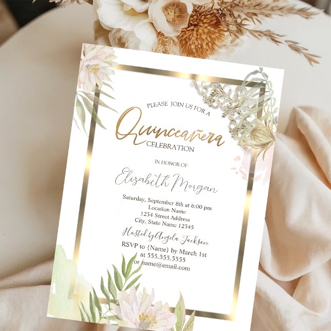 Watercolor Flowers Gold Frame Quinceañera Invitation (Creator Uploaded)