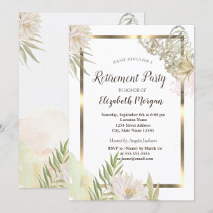 Watercolor Flowers Gold Frame Retirement Invitation