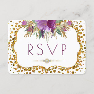 Watercolor Flowers Gold Glitter Confetti RSVP Card