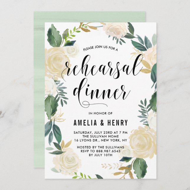 Watercolor Flowers Gold Glitter Rehearsal Dinner Invitation (Front/Back)