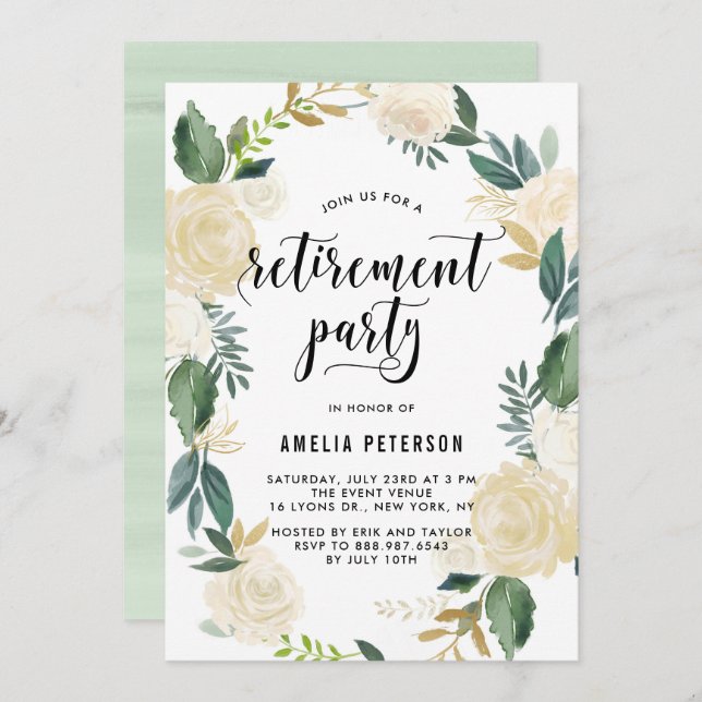 Watercolor Flowers Gold Glitter Retirement Party Invitation (Front/Back)