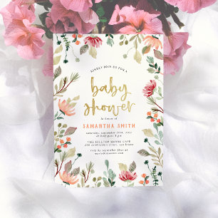 Watercolor Flowers & Gold Lettering Baby Shower Invitation
