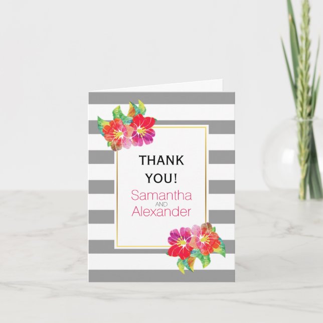 Watercolor flowers grey white wedding Thank You Card (Front)