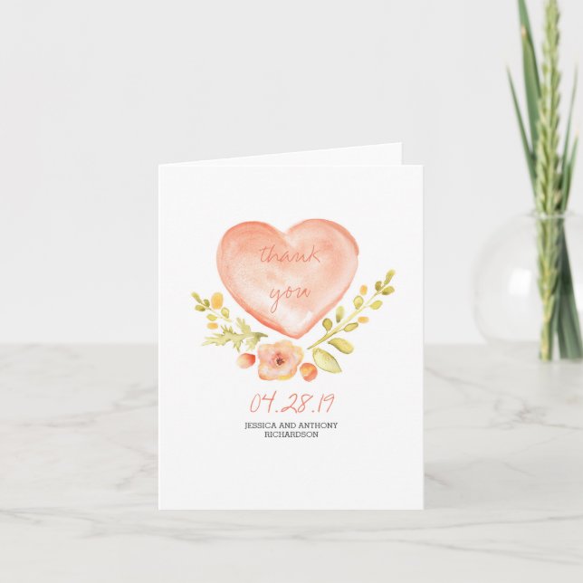 Watercolor Flowers Heart Wedding Thank You Card (Front)