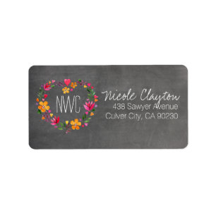 Watercolor Flowers Heart Wreath   chalkboard grey Label