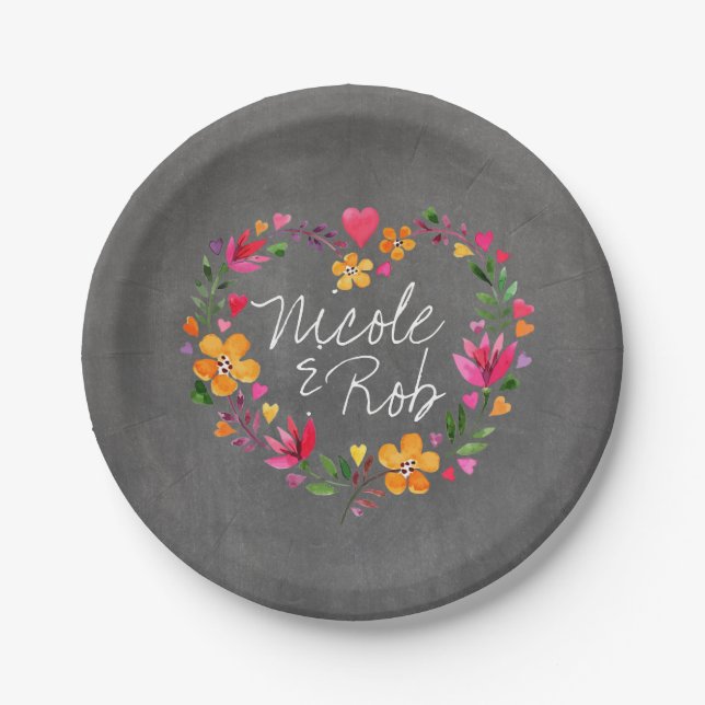 Watercolor Flowers Heart Wreath | chalkboard grey Paper Plate (Front)