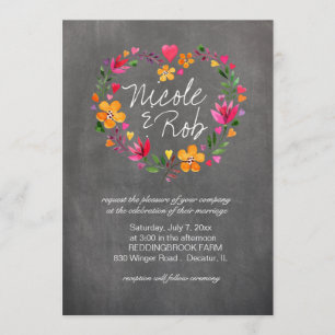 Watercolor Flowers Heart Wreath Wedding   grey Invitation