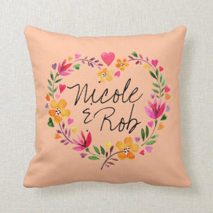 Watercolor Flowers Heart Wreath Wedding   peach Cushion