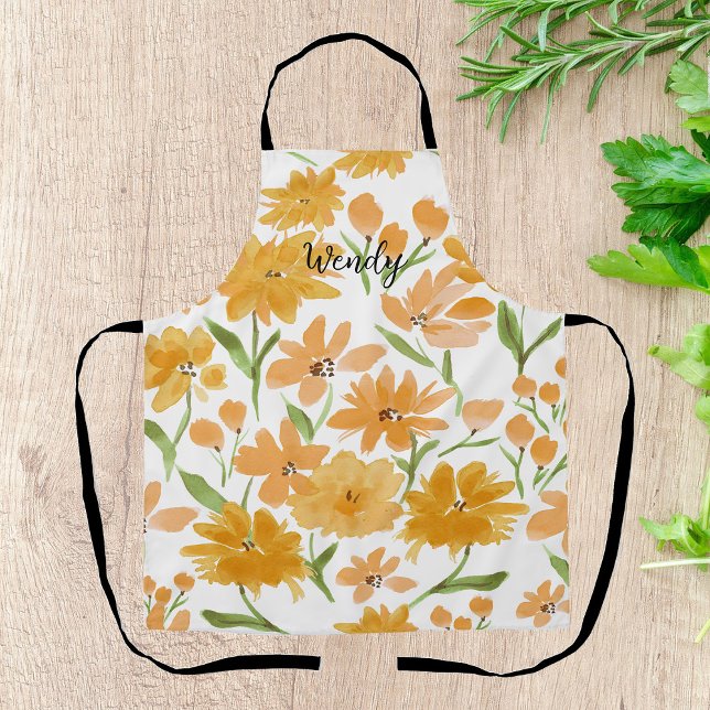 Watercolor Flowers in Orange &  Green Personalised Apron (Creator Uploaded)