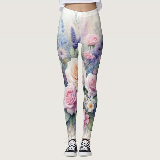Watercolor flowers in soft pastel colours  leggings (Front)
