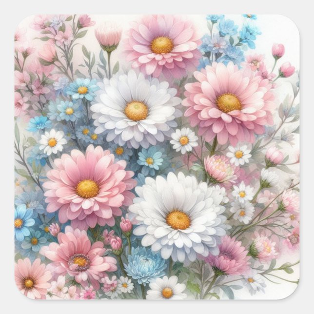Watercolor Flowers in soft pastels  Square Sticker (Front)