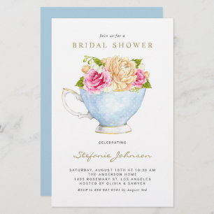 Watercolor Flowers in Teacup Bridal Shower Invite