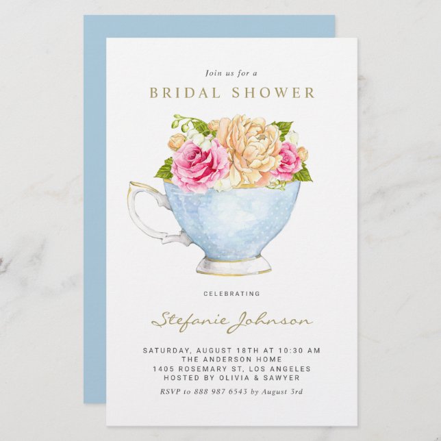 Watercolor Flowers in Teacup Bridal Shower Invite (Front/Back)