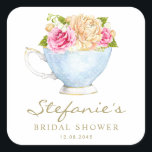 Watercolor Flowers in Teacup Bridal Shower Square Sticker<br><div class="desc">Add a charming, vintage-inspired touch to your bridal shower favours, invitations, or décor with this custom bridal shower sticker featuring a delicate watercolor rose bouquet in a classic teacup. This floral bridal shower sticker is perfect for tea party themes, garden gatherings, or any romantic celebration. This customisable bridal shower sticker...</div>