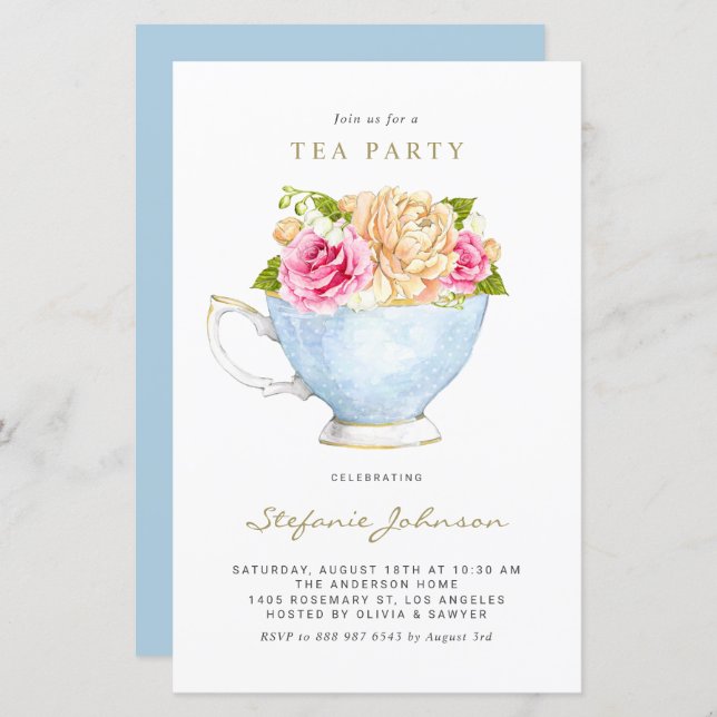 Watercolor Flowers in Teacup Tea Party Invitation (Front/Back)