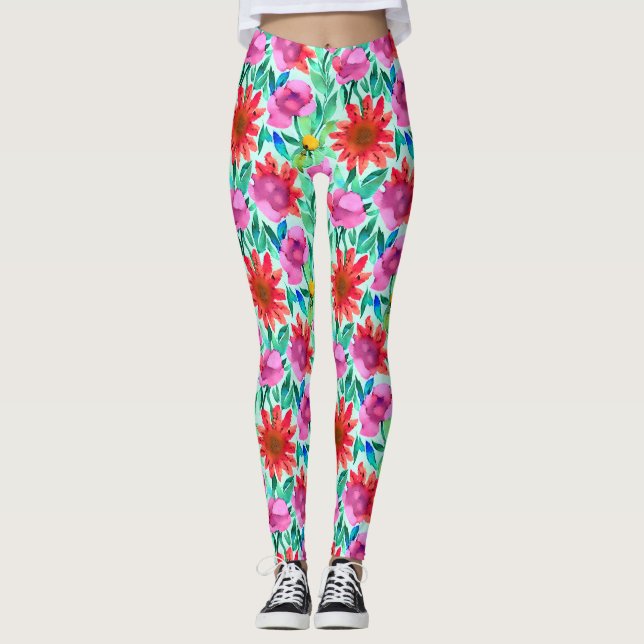 Watercolor Flowers in Teal, Red and Pink Leggings (Front)
