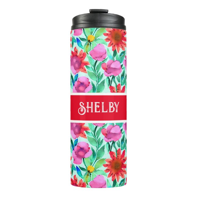 Watercolor Flowers in Teal, Red and Pink Thermal Tumbler (Front)