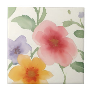 Watercolor Flowers Large Print Floral on White Ceramic Tile