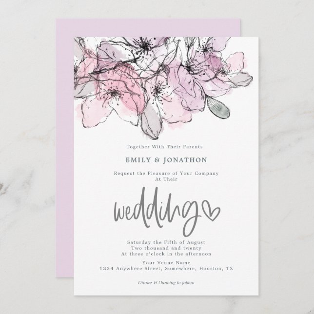 Watercolor Flowers Lilac Pink Script Wedding Invitation (Front/Back)