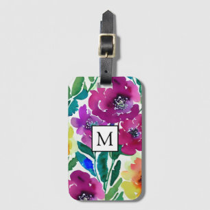 Watercolor Flowers Maroon and Yellow Luggage Tag