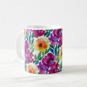 Watercolor Flowers Maroon Yellow Coffee Mug