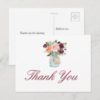 Watercolor Flowers Mason Jar Thank You Postcard