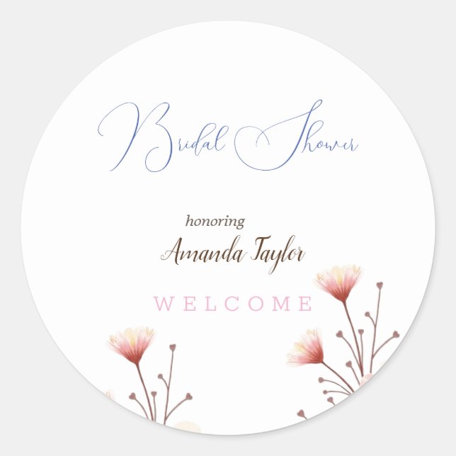 Watercolor Flowers Minimal Bridal Shower  Classic Round Sticker (Front)