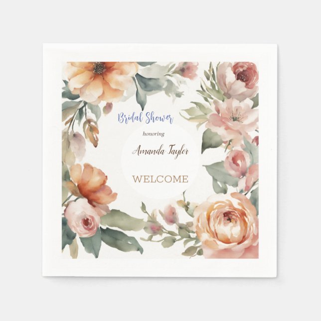 Watercolor Flowers Minimal Bridal Shower Napkin (Front)