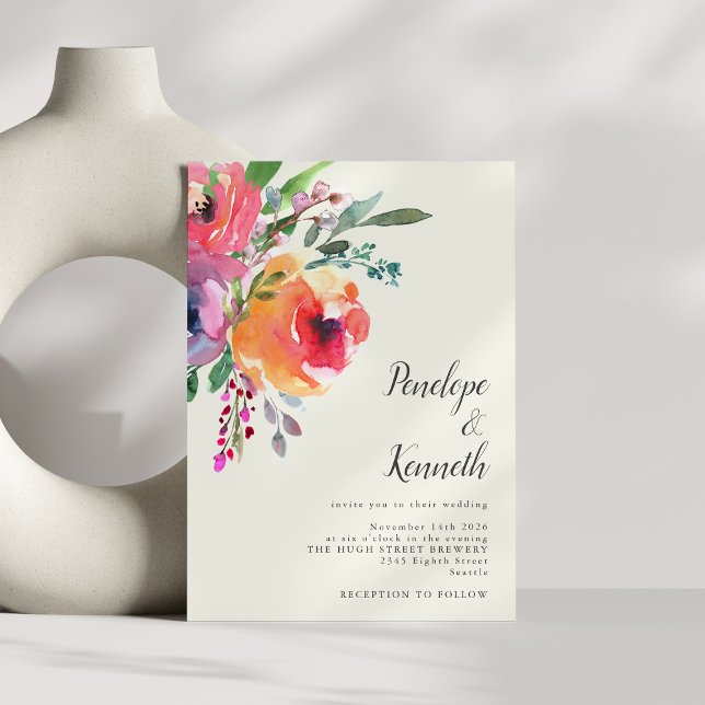 Watercolor Flowers Modern Elegant Script Wedding Invitation (Creator Uploaded)