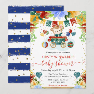 Watercolor Flowers Monkey Baby Shower Invitation