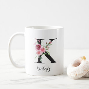 Watercolor Flowers Monogram Black K Custom Name Coffee Mug