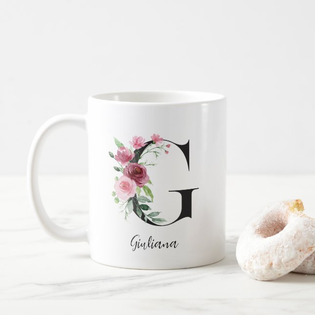 Watercolor Flowers Monogram G Custom Name Coffee Mug (With Donut)
