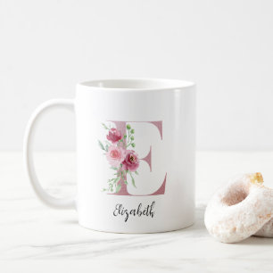 Watercolor Flowers Monogram Pink E Custom Name Coffee Mug